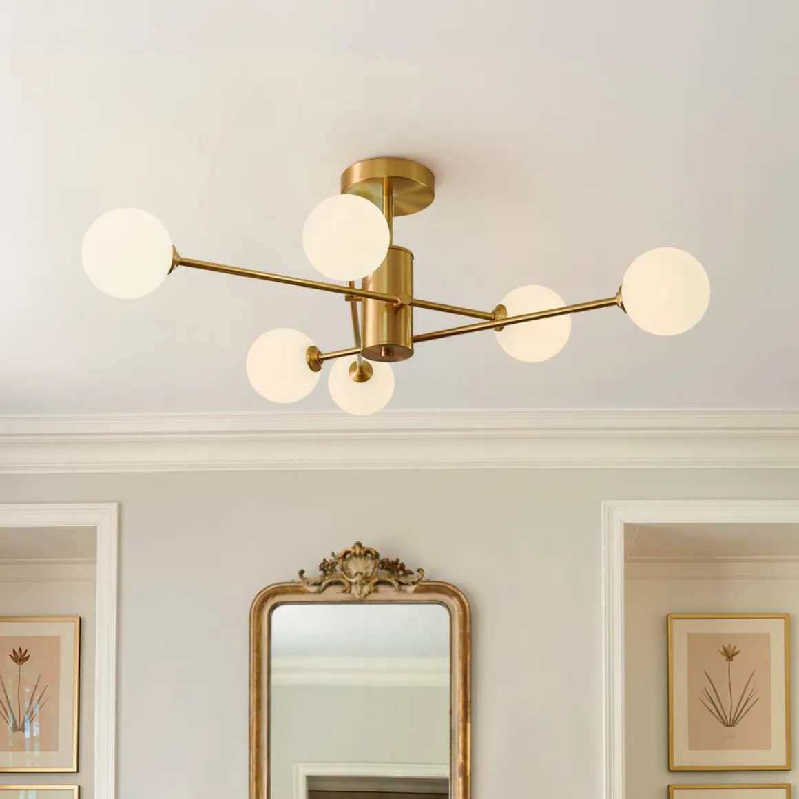6-Light Opal Glass Globe Linear Sputnik Semi Flush