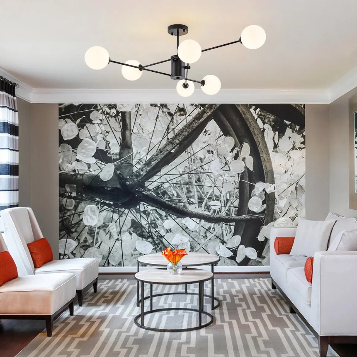 6-Light Opal Glass Globe Linear Sputnik Semi Flush