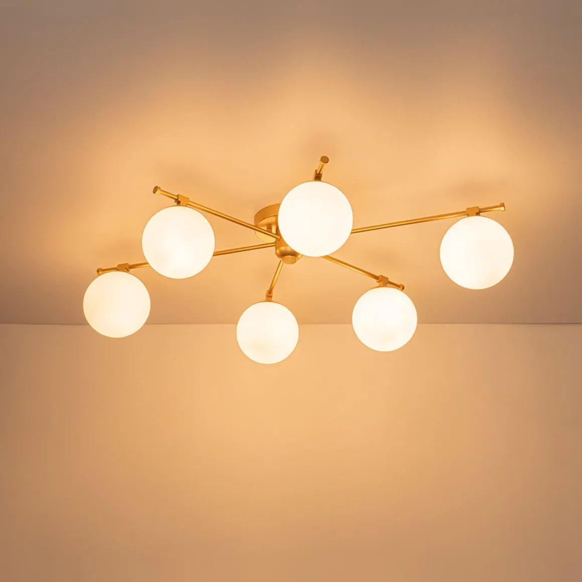 6-Light Opal Glass Globe Linear Sputnik Semi Flush Chandelier