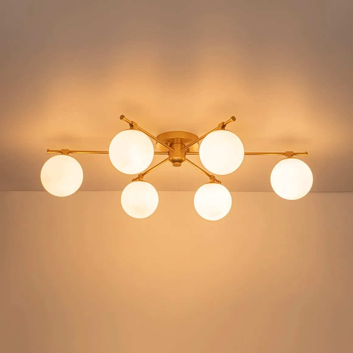 6-Light Opal Glass Globe Linear Sputnik Semi Flush Chandelier