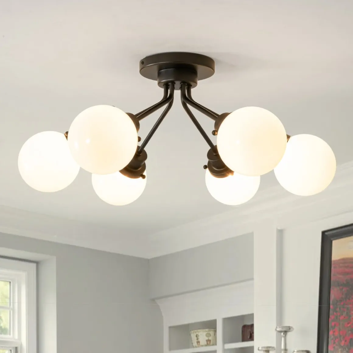 6-Light Opal Glass Globe Sputnik Semi Flush Mount