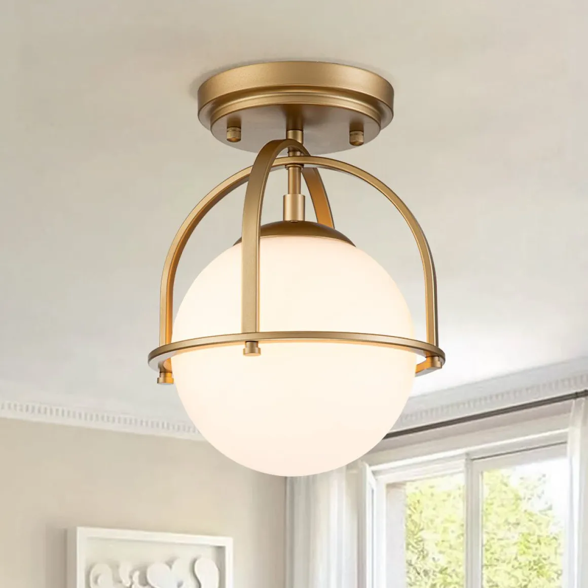1-Light Opal Glass Sphere Semi-Flush Mount