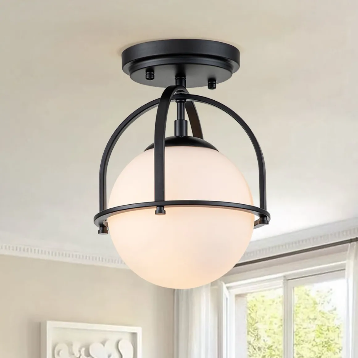 1-Light Opal Glass Sphere Semi-Flush Mount