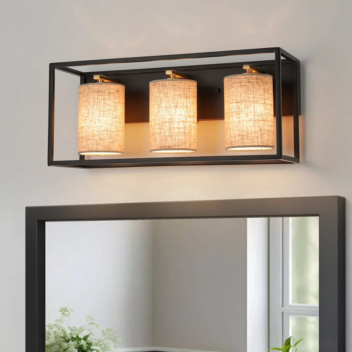 3-light Rectangular Black Frame Linen Wall Sconce