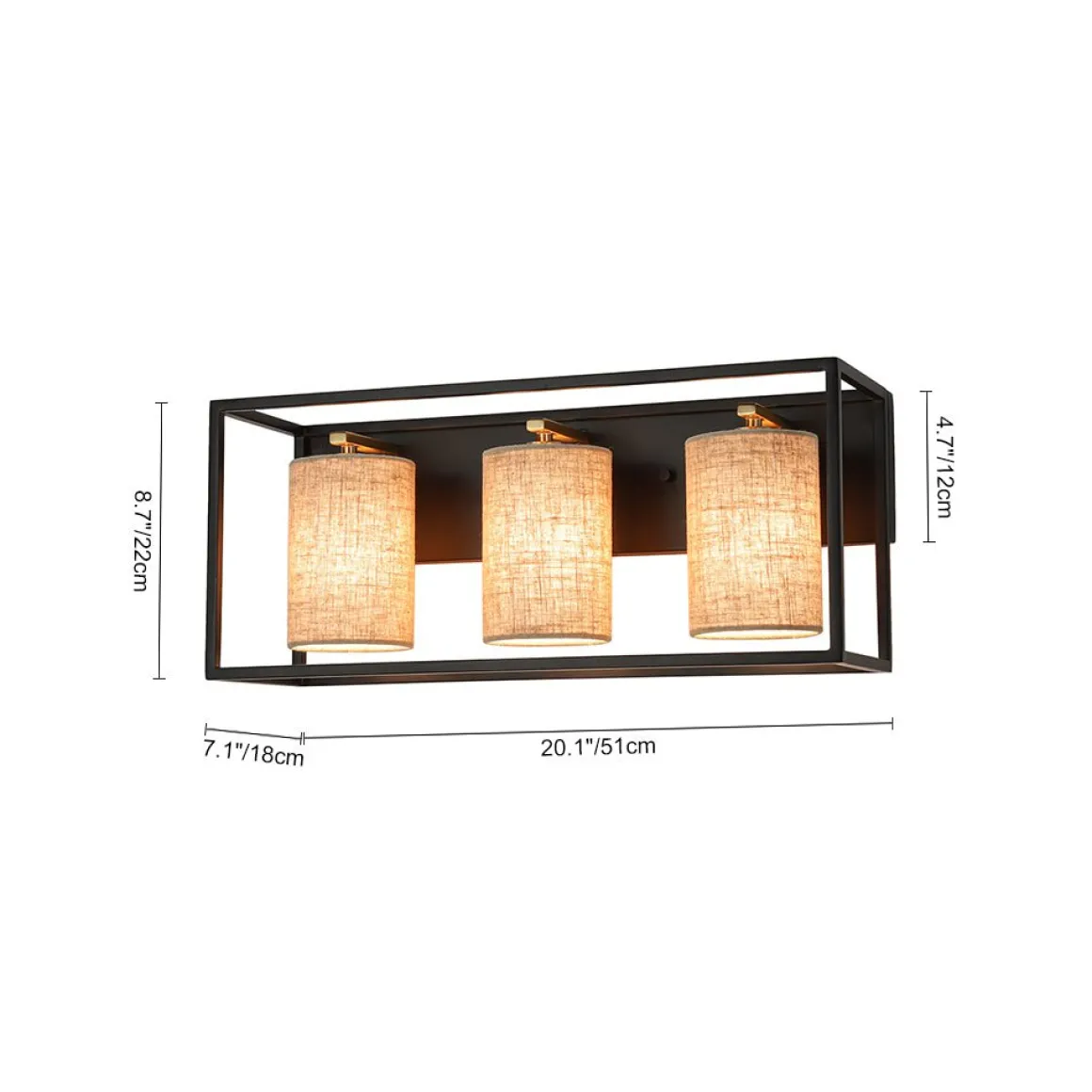 3-light Rectangular Black Frame Linen Wall Sconce