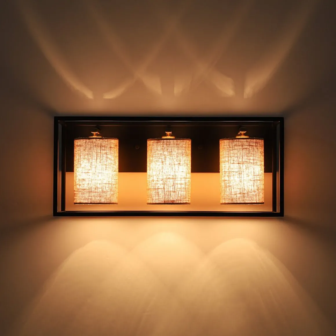 3-light Rectangular Black Frame Linen Wall Sconce