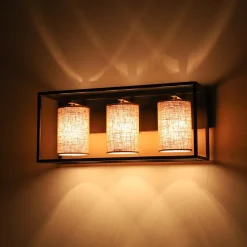 3-light Rectangular Black Frame Linen Wall Sconce