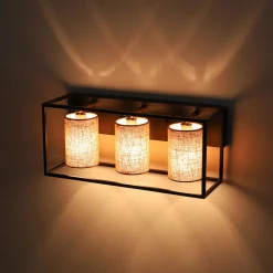 3-light Rectangular Black Frame Linen Wall Sconce
