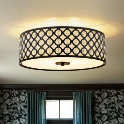 3-Light Round Drum Crystal Accented Fabric Flush Mount