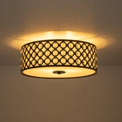 3-Light Round Drum Crystal Accented Fabric Flush Mount