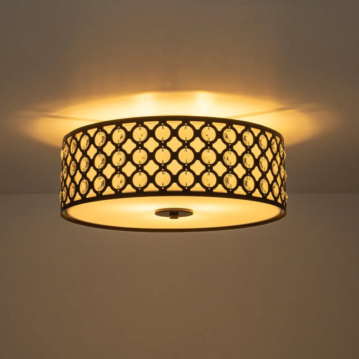 3-Light Round Drum Crystal Accented Fabric Flush Mount