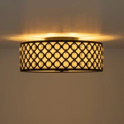 3-Light Round Drum Crystal Accented Fabric Flush Mount