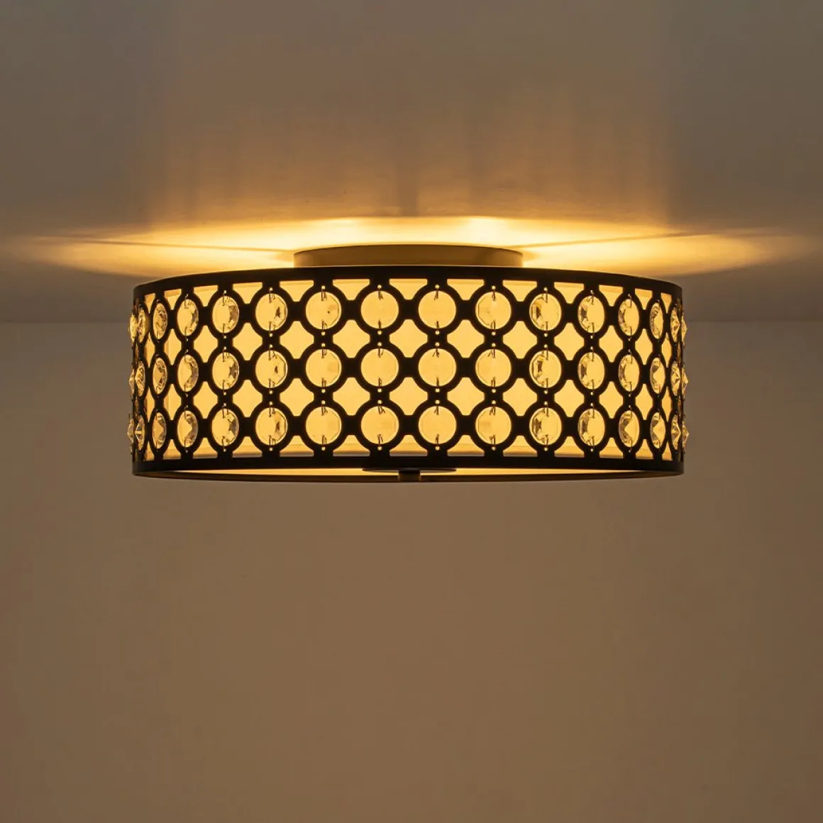 3-Light Round Drum Crystal Accented Fabric Flush Mount