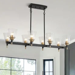 8-Light Seeded Glass Black Brass Linear Island Chandelier