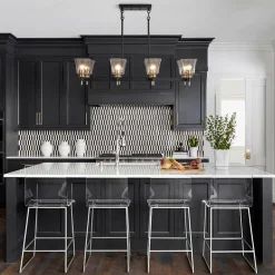 8-Light Seeded Glass Black Brass Linear Island Chandelier