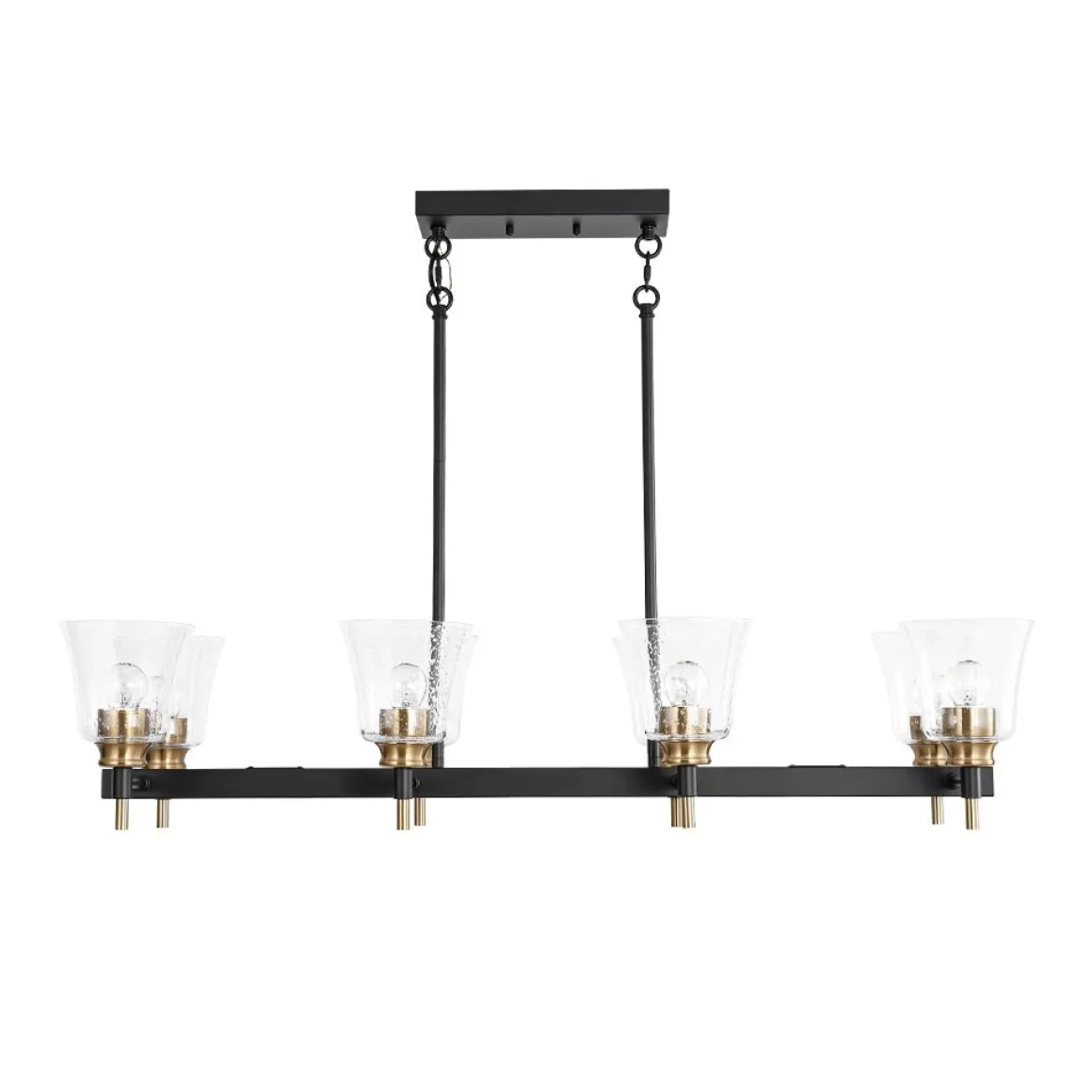 8-Light Seeded Glass Black Brass Linear Island Chandelier