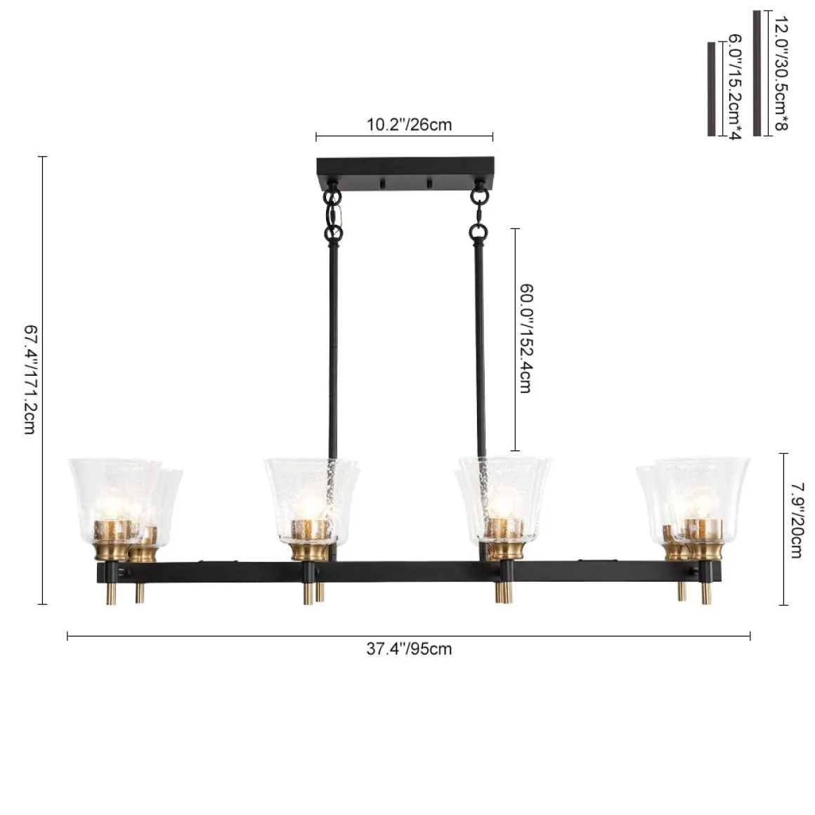 8-Light Seeded Glass Black Brass Linear Island Chandelier