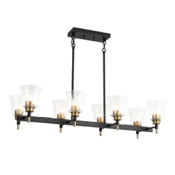 8-Light Seeded Glass Black Brass Linear Island Chandelier