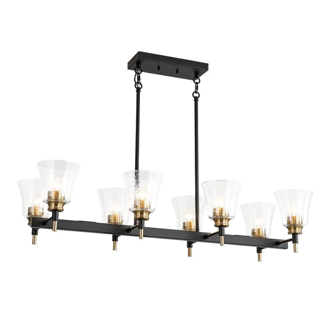 8-Light Seeded Glass Black Brass Linear Island Chandelier