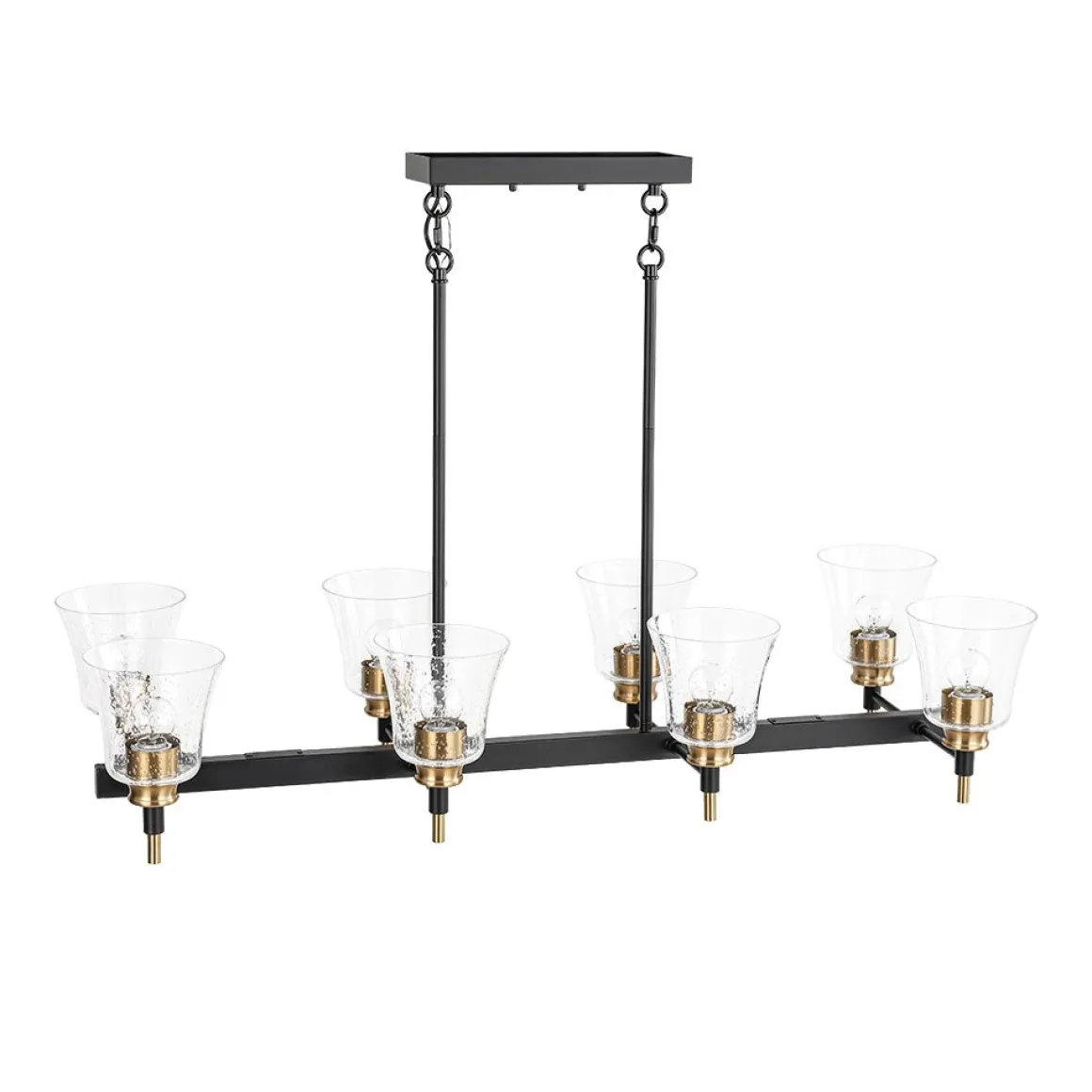 8-Light Seeded Glass Black Brass Linear Island Chandelier