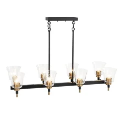 8-Light Seeded Glass Black Brass Linear Island Chandelier