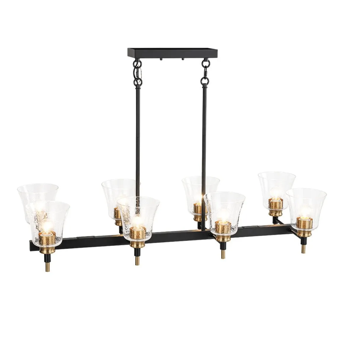 8-Light Seeded Glass Black Brass Linear Island Chandelier