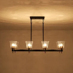 8-Light Seeded Glass Black Brass Linear Island Chandelier