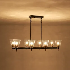 8-Light Seeded Glass Black Brass Linear Island Chandelier