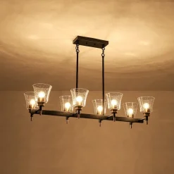 8-Light Seeded Glass Black Brass Linear Island Chandelier