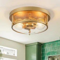 2-Light Seeded Glass Round Flush Mount Ceiling Light