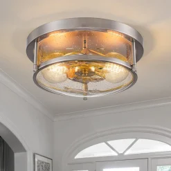 2-Light Seeded Glass Round Flush Mount Ceiling Light