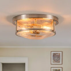 2-Light Seeded Glass Round Flush Mount Ceiling Light