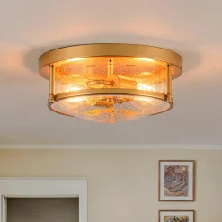 2-Light Seeded Glass Round Flush Mount Ceiling Light