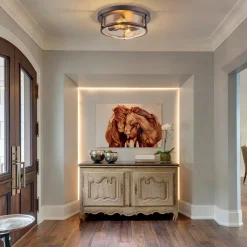 2-Light Seeded Glass Round Flush Mount Ceiling Light