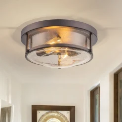 2-Light Seeded Glass Round Flush Mount Ceiling Light