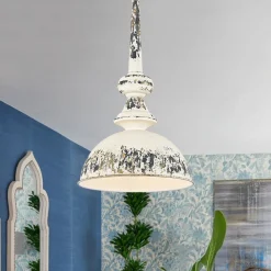 1-Light Shabby Chic Distressed Beige Metal Dome Pendant