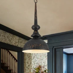 1-Light Shabby Chic Distressed Beige Metal Dome Pendant