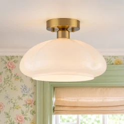 1-Light Shine Opal Glass Round Scalloped Pleated Semi Flush