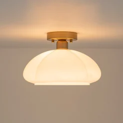 1-Light Shine Opal Glass Round Scalloped Pleated Semi Flush