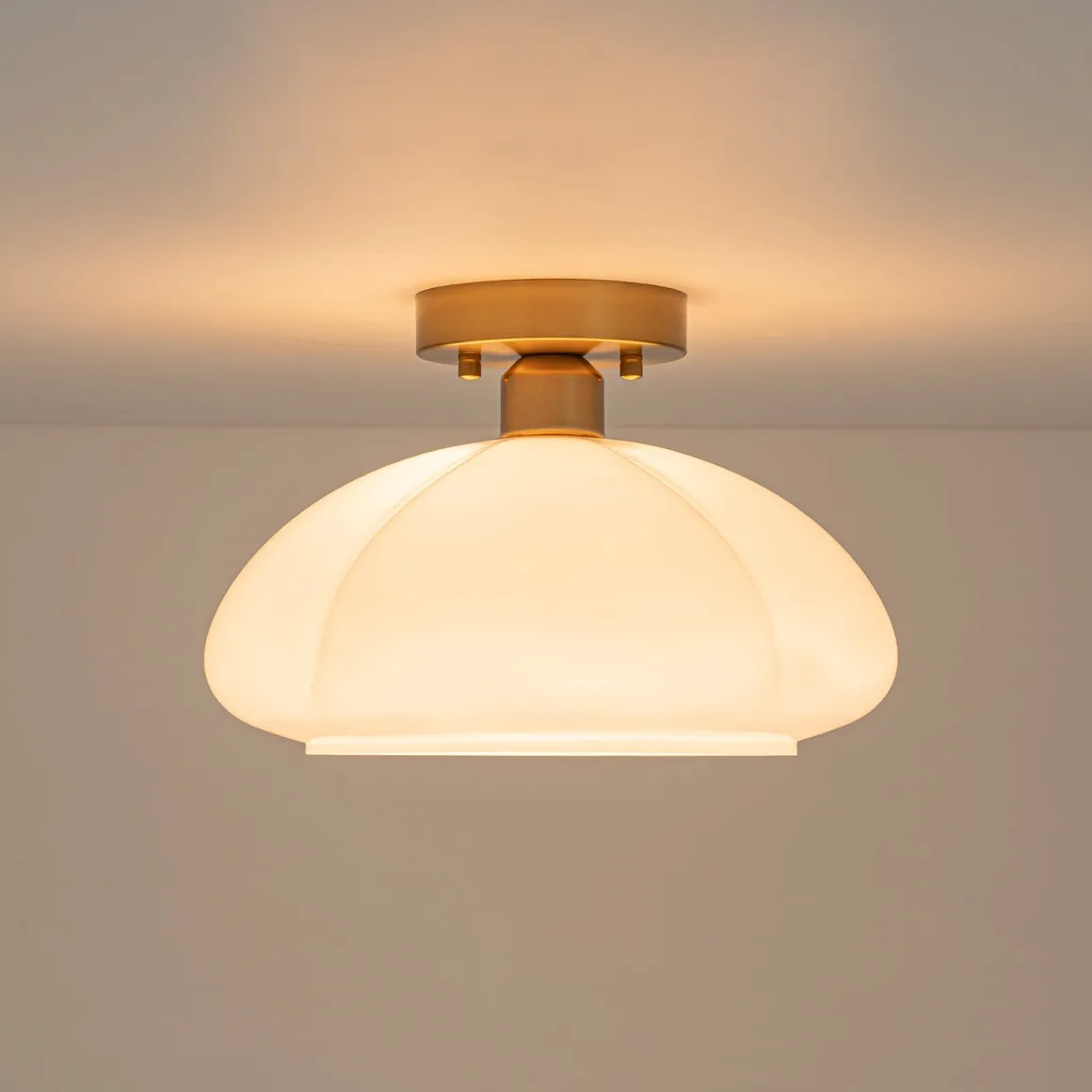 1-Light Shine Opal Glass Round Scalloped Pleated Semi Flush