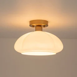 1-Light Shine Opal Glass Round Scalloped Pleated Semi Flush