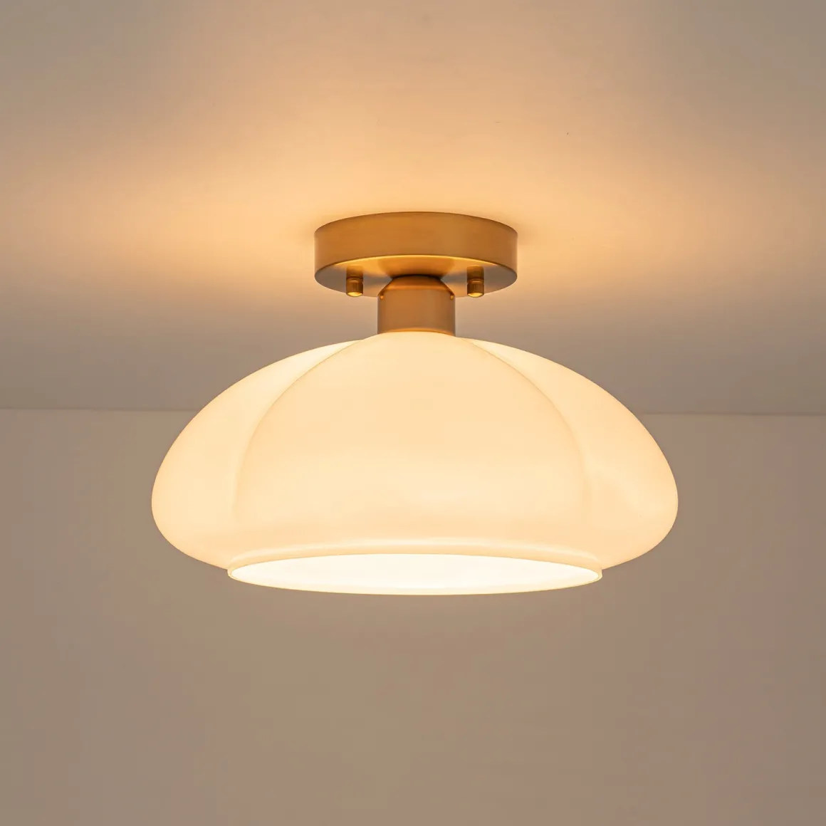 1-Light Shine Opal Glass Round Scalloped Pleated Semi Flush