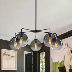 5-Light Smoked Grey Tinted Glass Globe Round Sputnik Chandelier
