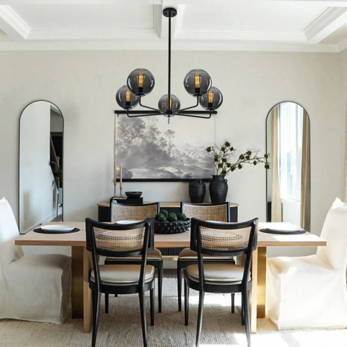 5-Light Smoked Grey Tinted Glass Globe Round Sputnik Chandelier