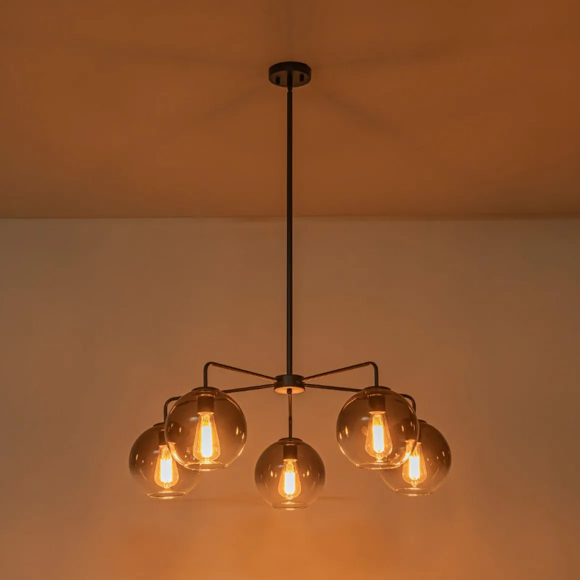 5-Light Smoked Grey Tinted Glass Globe Round Sputnik Chandelier