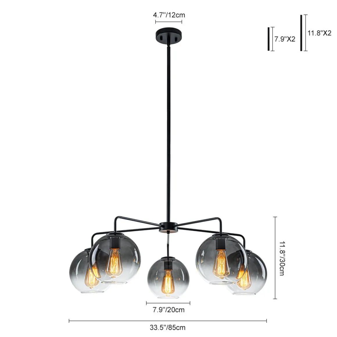 5-Light Smoked Grey Tinted Glass Globe Round Sputnik Chandelier