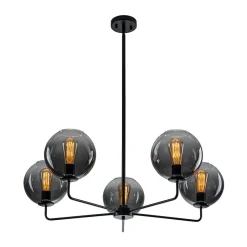 5-Light Smoked Grey Tinted Glass Globe Round Sputnik Chandelier