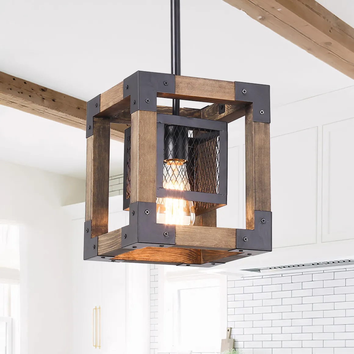 1-Light Square Wood Pendant Light