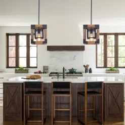 1-Light Square Wood Pendant Light