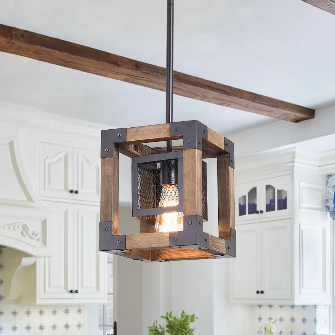 1-Light Square Wood Pendant Light